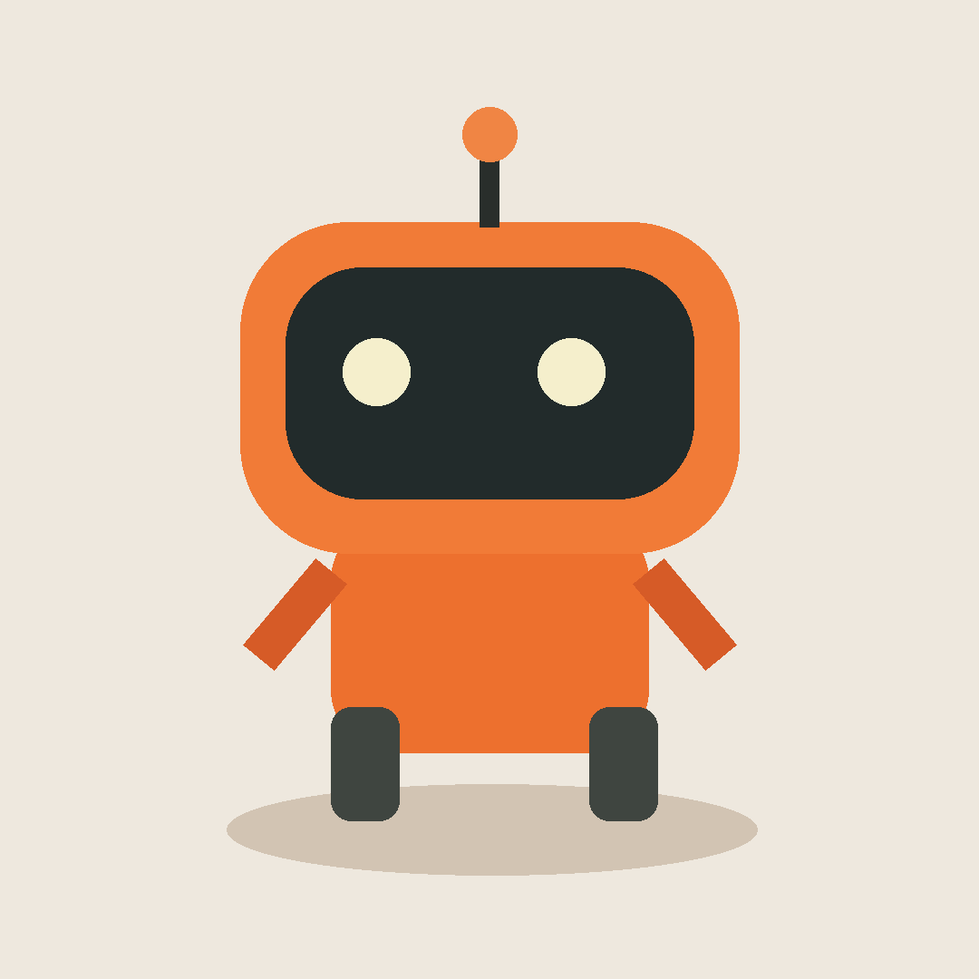 Original orange robot reference with a dark face panel, two pale eyes and a small antenna