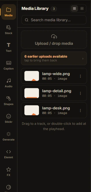 Start in the Media library: actual Vidmoat editor screenshot