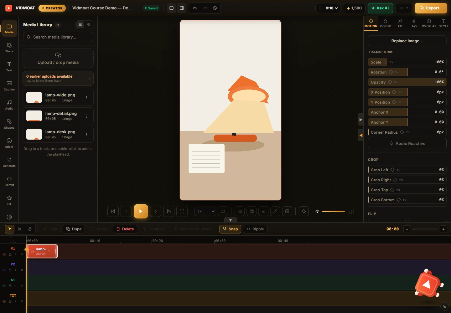 Real Vidmoat editor with the course lamp asset on its timeline